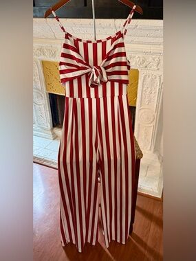 Pre-Loved Red & White Striped Tie-Front Wide-Leg Jumpsuit